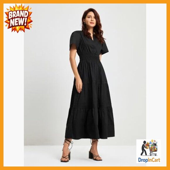 V-Neck Maxi Dress A-Line Casual Elegant Tiered Cotton Summer Midi - Picture 2 of 7